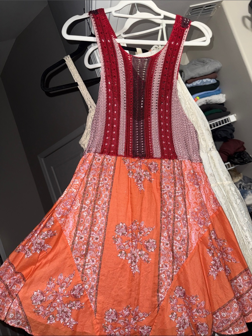 Free People Red Crochet Bodice Mini Dress with Orange Printed Skirt
